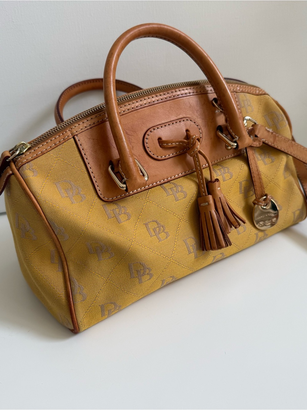 Dooney & Bourke Mustard Yellow Satchel with Tan Leather Trim